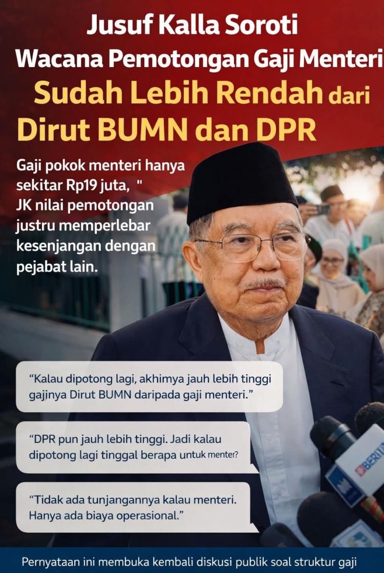 Jusuf Kalla Kritik Rencana Pangkas Gaji Menteri: Picu Kesenjangan Baru